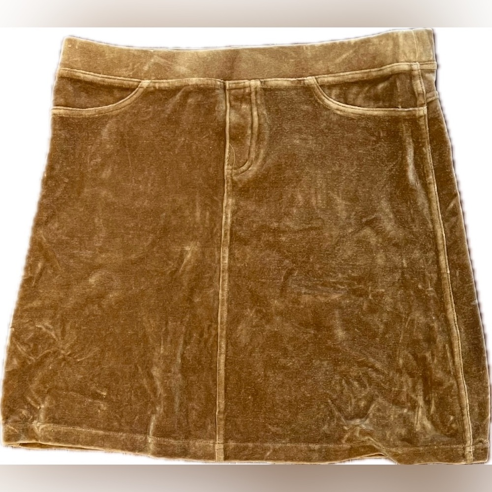 HUE Women’s Tan A-Line Soft Velour Mini Skirt With Back Pockets Size Small